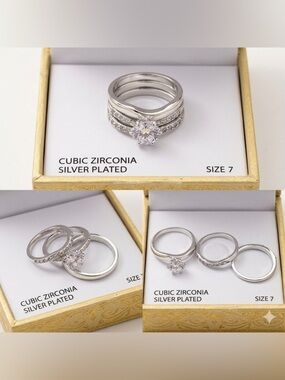 Sterling Silver CZ Engagement and Wedding Ring Set - Silver